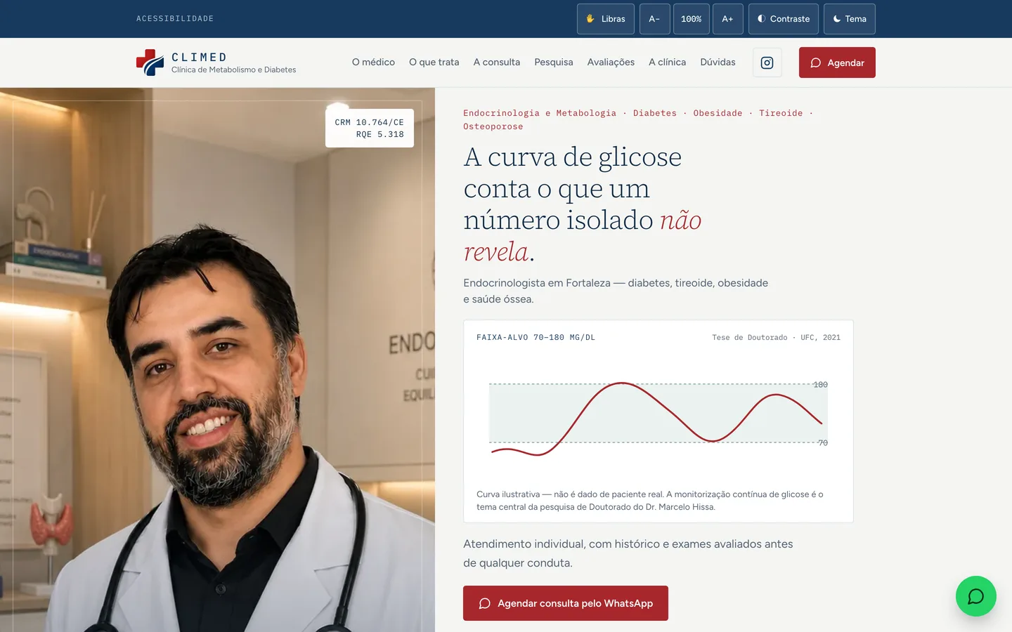 Home da CLIMED no desktop: foto do médico, título sobre curva de glicose e botão de agendamento pelo WhatsApp.