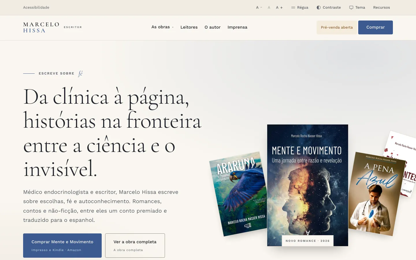 Home do escritor Marcelo Hissa no desktop: título sobre histórias na fronteira entre a ciência e o invisível, ao lado das capas dos livros.